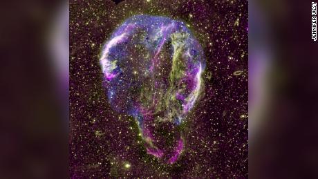 A radio (purple), UV (yellow) and X-ray (blue) image of the Cygnus ring supernova remnant in the Milky Way is shown. 