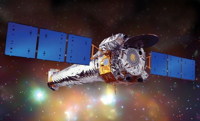 Illustration of the Chandra X-ray Observatory in space, the most sensitive X-ray telescope ever.