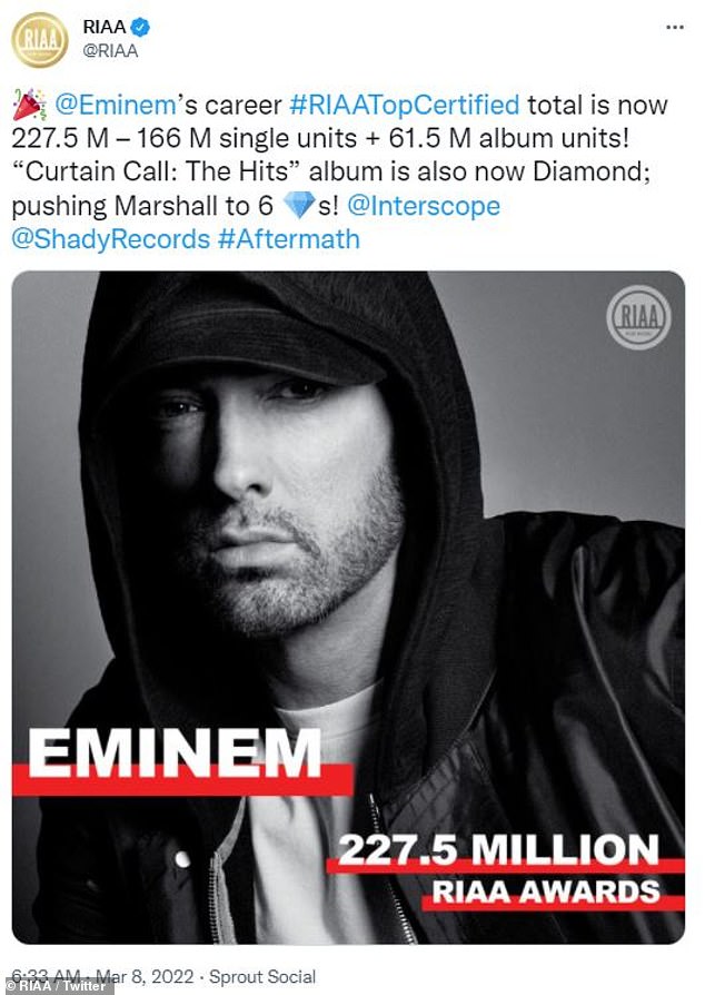 Massive: With the new approved units, the hip-hop legend now has a total of 227.5 million units, which is divided into 166 million singles and 61.5 albums.