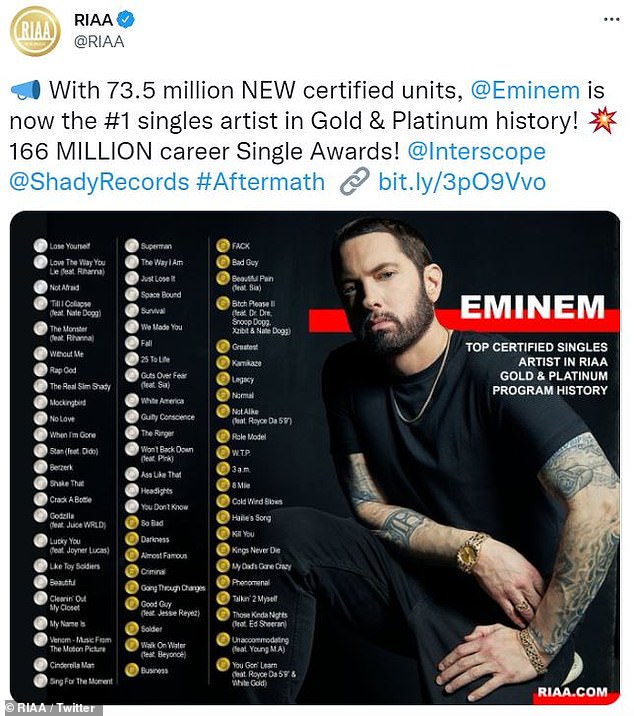 Top in singles: The Recording Industry Association of America (RIAA) announces 73.5 million new units of Eminem, putting him to the top of the singles list