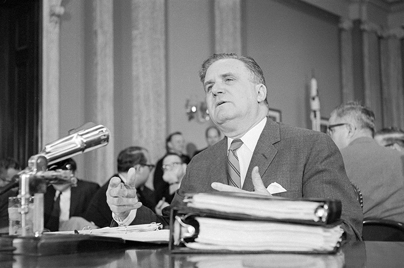 Space director James E.  Webb before the Senate Space Committee.