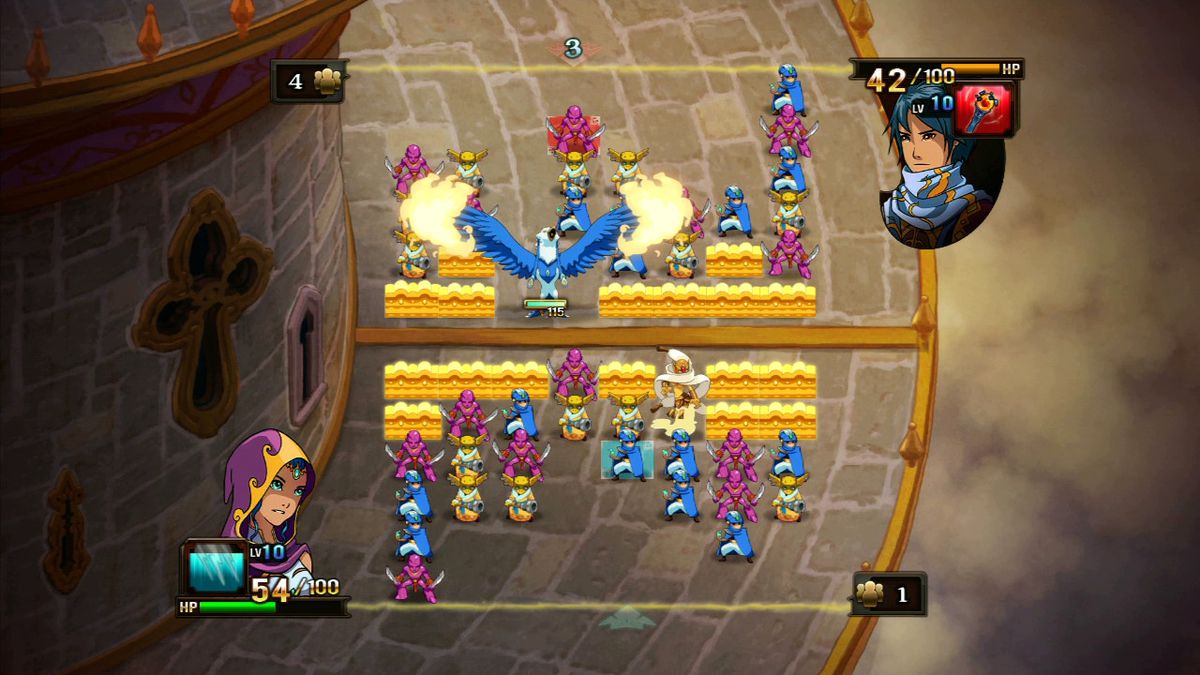 Color-coded fantasy warrior units fight on a puzzle board