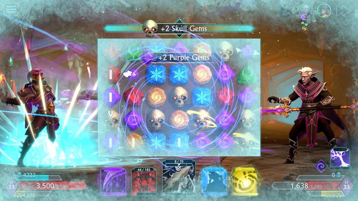 A character casting an ice spell through a puzzle board of colored gems