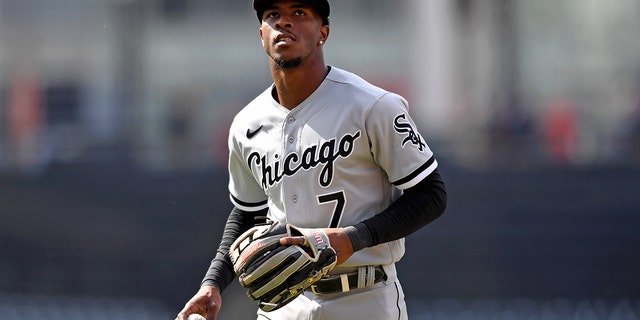 Tim Anderson #7 of the Chicago White Sox kicks off the field after the fourth game of the first two-headed game against the Cleveland Guardians at Progressive Field on April 20, 2022 in Cleveland, Ohio. 