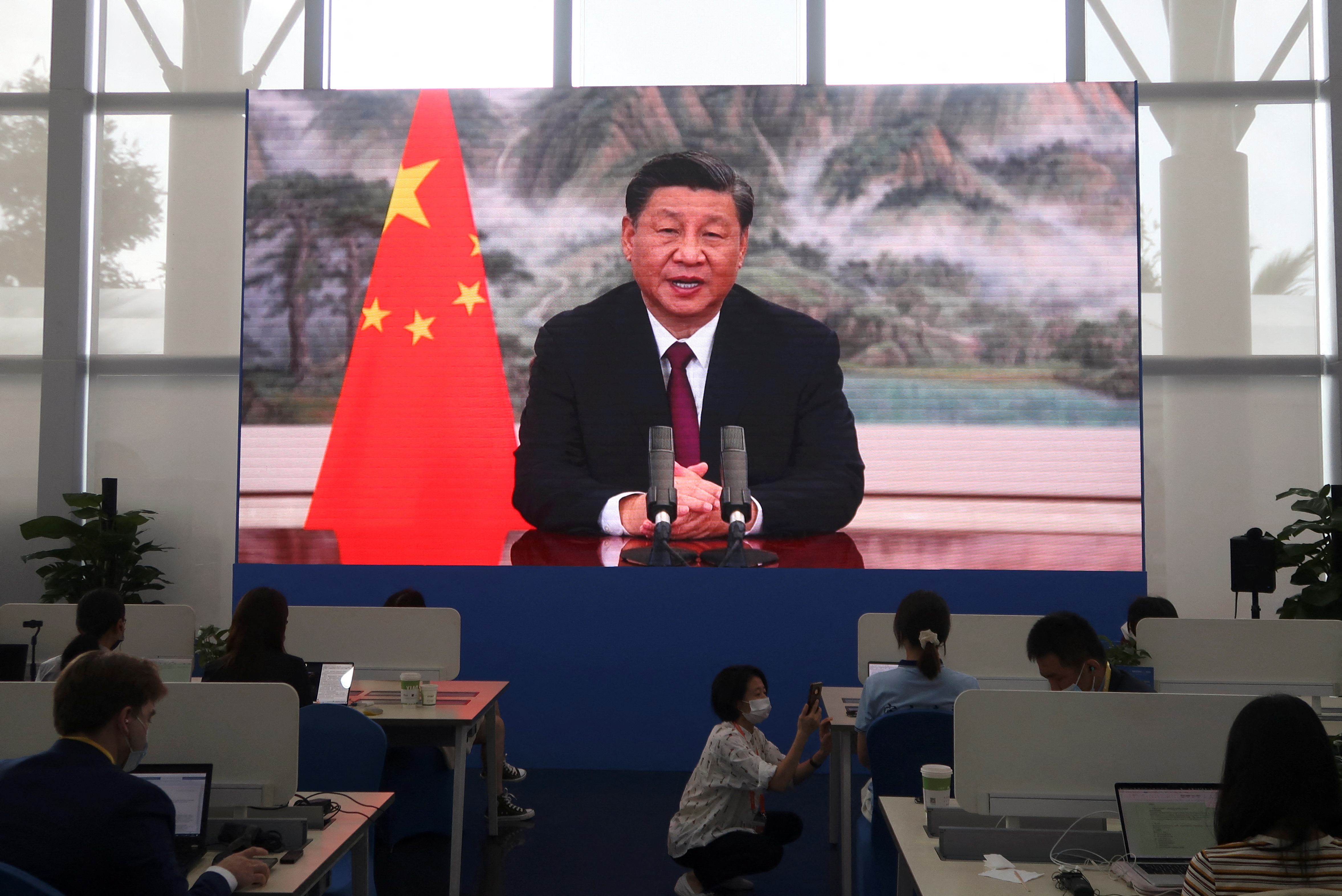 Chinese President Xi Jinping delivers a keynote address at the opening ceremony of the Boao Forum for Asia via video link, in Boao.