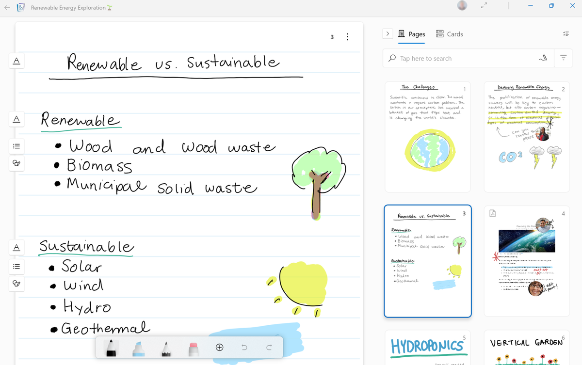 Screenshot from the Microsoft Journal app.  On the left is a list of notes with two drawings.  On the right, there is a group of other documents.