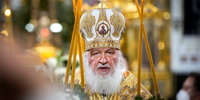 Russian Orthodox Patriarch Kirill delivers a Christmas mass at the Cathedral of Christ the Savior in Moscow, Russia, Thursday, Jan. 6, 2022. 