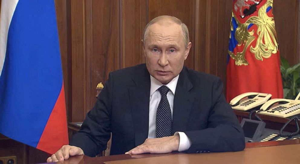 Photo: Russian President Vladimir Putin delivers a speech on the conflict with Ukraine, in Moscow in this still image from the video released September 21, 2022.