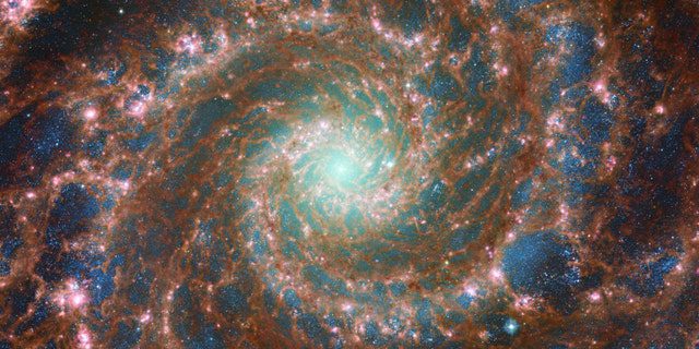 M74 shines its brightest in this optical/mid-infrared composite image, which incorporates data from the NASA/ESA Hubble Space Telescope and the NASA/ESA/CSA James Webb Space Telescope.  This image has incredible depth thanks to Hubble's Advanced Camera for Surveys (ACS) and the Web's powerful Mid-infrared (MIRI) instrument that captures a range of wavelengths. 