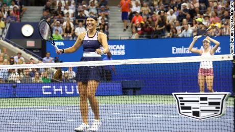 Lucy Hradica, left, and Linda Noskova of the Czech Republic celebrate after beating the Williams sisters.