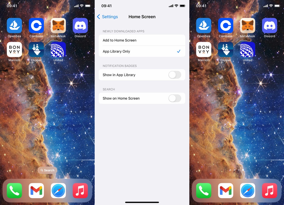 iOhone home screen (with and without search field) and home screen settings page