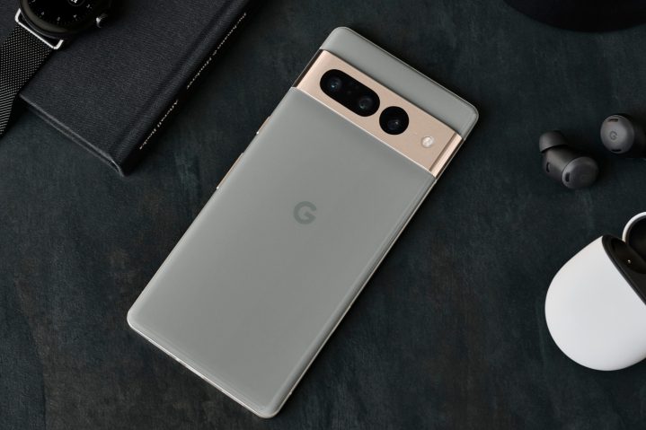 There is a Google Pixel 7 Pro alongside a pair of Pixel Buds and a Pixel Watch.
