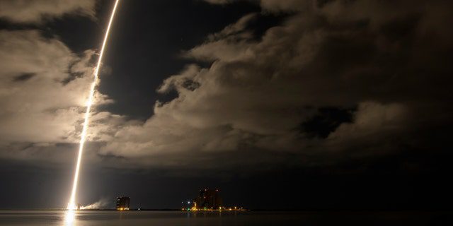 A United Launch Alliance Atlas 5 rocket with the Lucy spacecraft on board is shown in this 2 minute 30 second exposure image as it lifts off from Space Launch Complex 41, Saturday, October 16, 2021, at Cape Canaveral Space Force Station in Florida. 