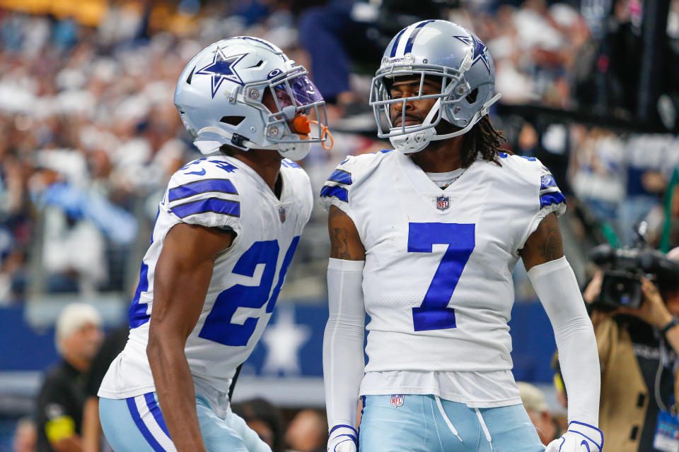 Numbers don't like Trevon Diggs (7), but the Cowboys like to play him during their 3-1 start.  (Photo by Andrew Depp/Icon Sportswire via Getty Images)