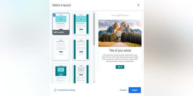 Users can choose from a predefined set of email templates, which include images, text elements, and buttons.