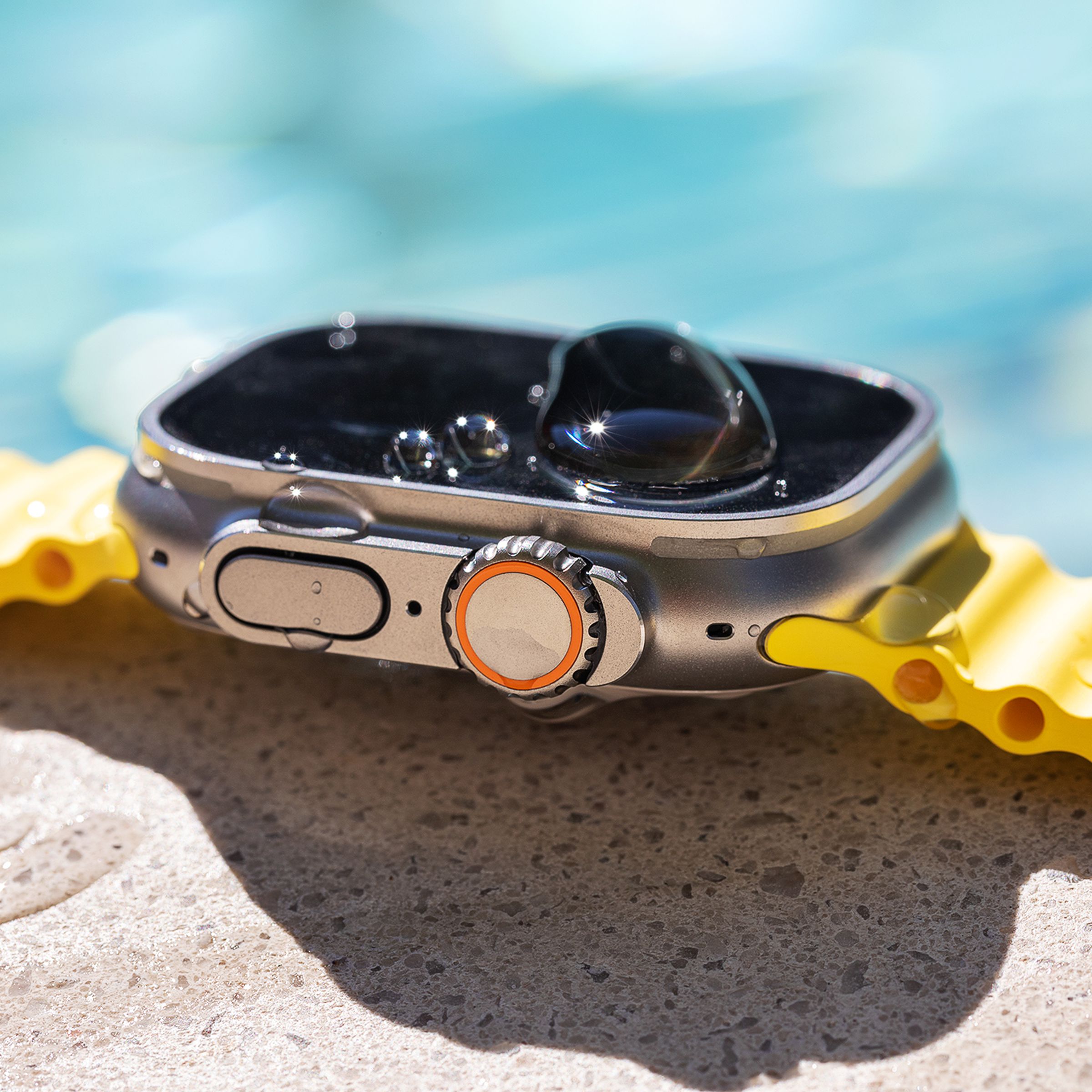 Side view of Apple Watch with the Ocean Bar at the pool