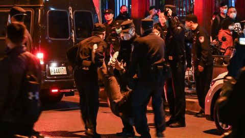 Police detained a demonstrator in Shanghai on Sunday night.