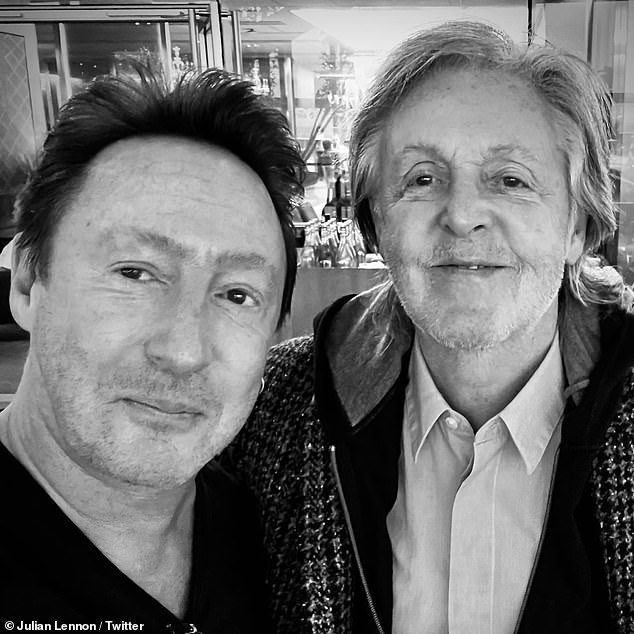 Fabulous!  John Lennon's son Julian (left) took to Twitter on Saturday after bumping into his late father's fellow Beatle Sir Paul McCartney (right) in the airport lounge.