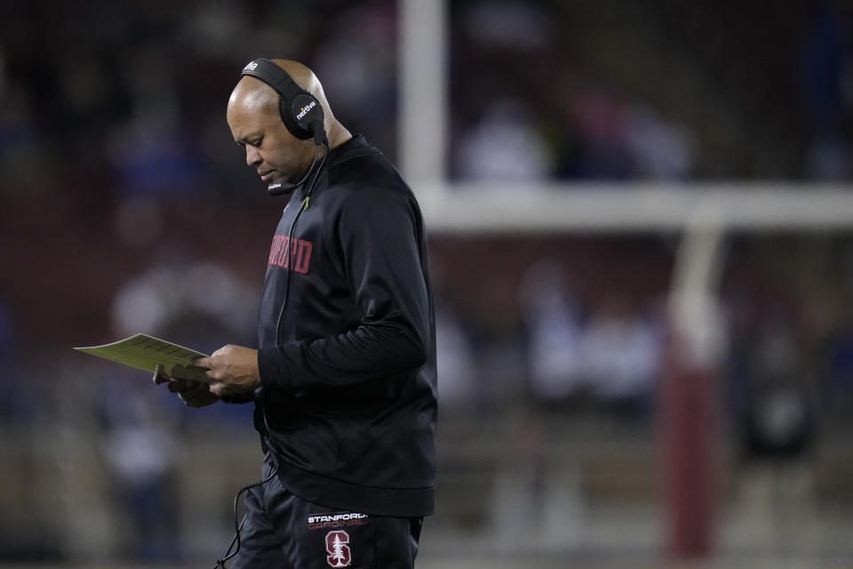 Stanford coach David Shaw stands near the sideline during the second half of an NCAA football game against Brigham United University in Stanford, Calif., Saturday, Nov. 26, 2022. (AP Photo/Godofredo A.Vásquez)
