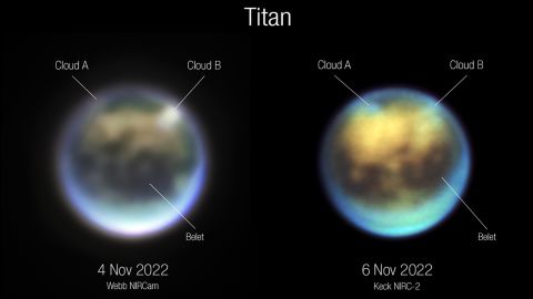 Astronomers compared Webb (left) and Keck's images of Titan to see how the clouds evolved.  Cloud A appears to rotate, while Cloud B appears to dissipate.