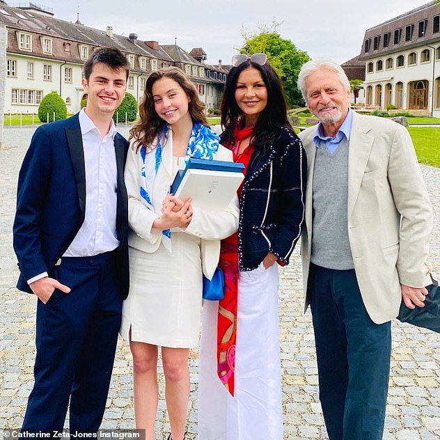 FAMILY: It comes after Katherine told of her joy that her kids, son Dylan, 22, and daughter Carys, 19, are coming home this Christmas (Photographed with husband Michael Douglas)