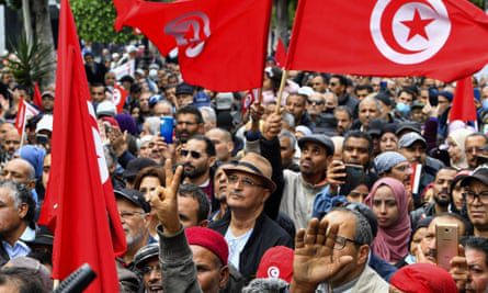 Tunisian protesters take part in last week's march in Tunis against President Kais Saied.