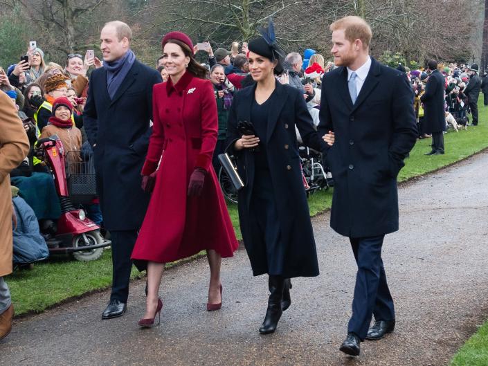 Prince William, Kate Middleton, Meghan Markle, and Prince Harry visit Sandringham in 2018.