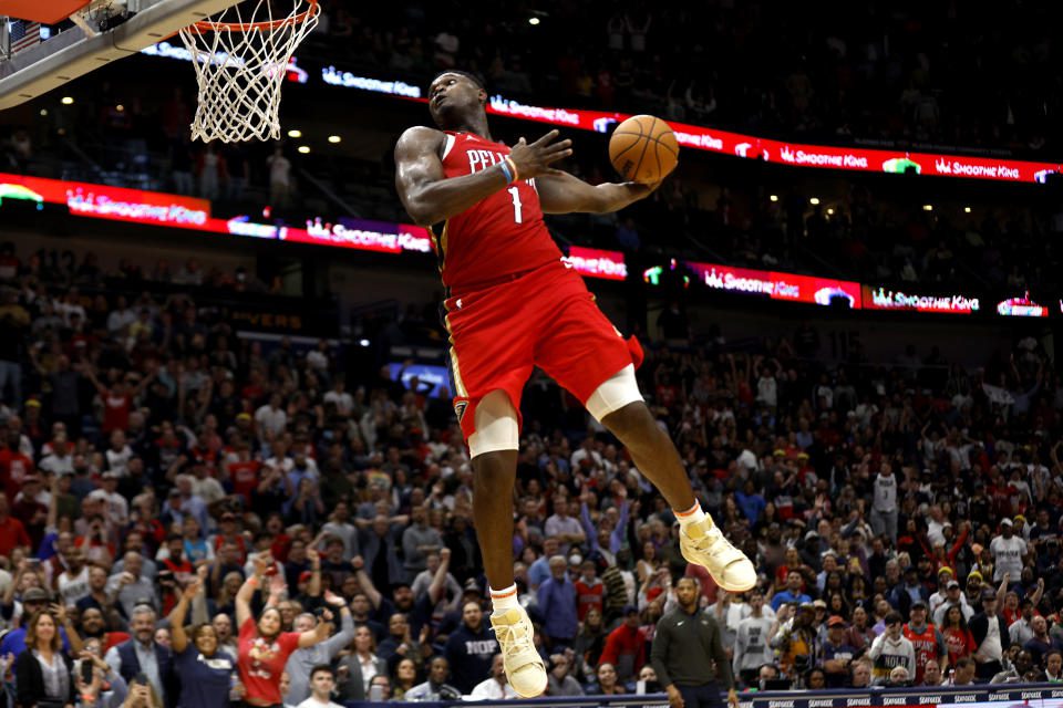 NEW ORLEANS, LA - DECEMBER 9: Zion Williamson #1 of the New Orleans Pelicans dunks the ball during the fourth quarter of an NBA game against the Phoenix Suns at Smoothie King Center on December 09, 2022 in New Orleans, Louisiana.  Note to User: User expressly acknowledges and agrees that, by downloading or using this image, User agrees to the terms and conditions of the Getty Images license agreement.  (Photo by Sean Gardner/Getty Images)
